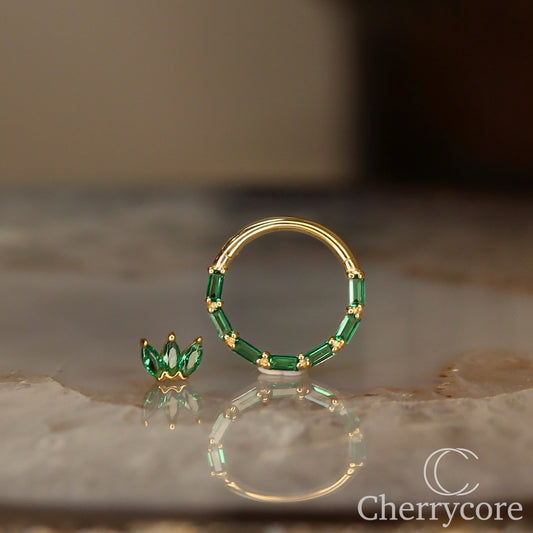 Bamboo- 14k Yellow Gold Hinge Ring - Emerald CZ