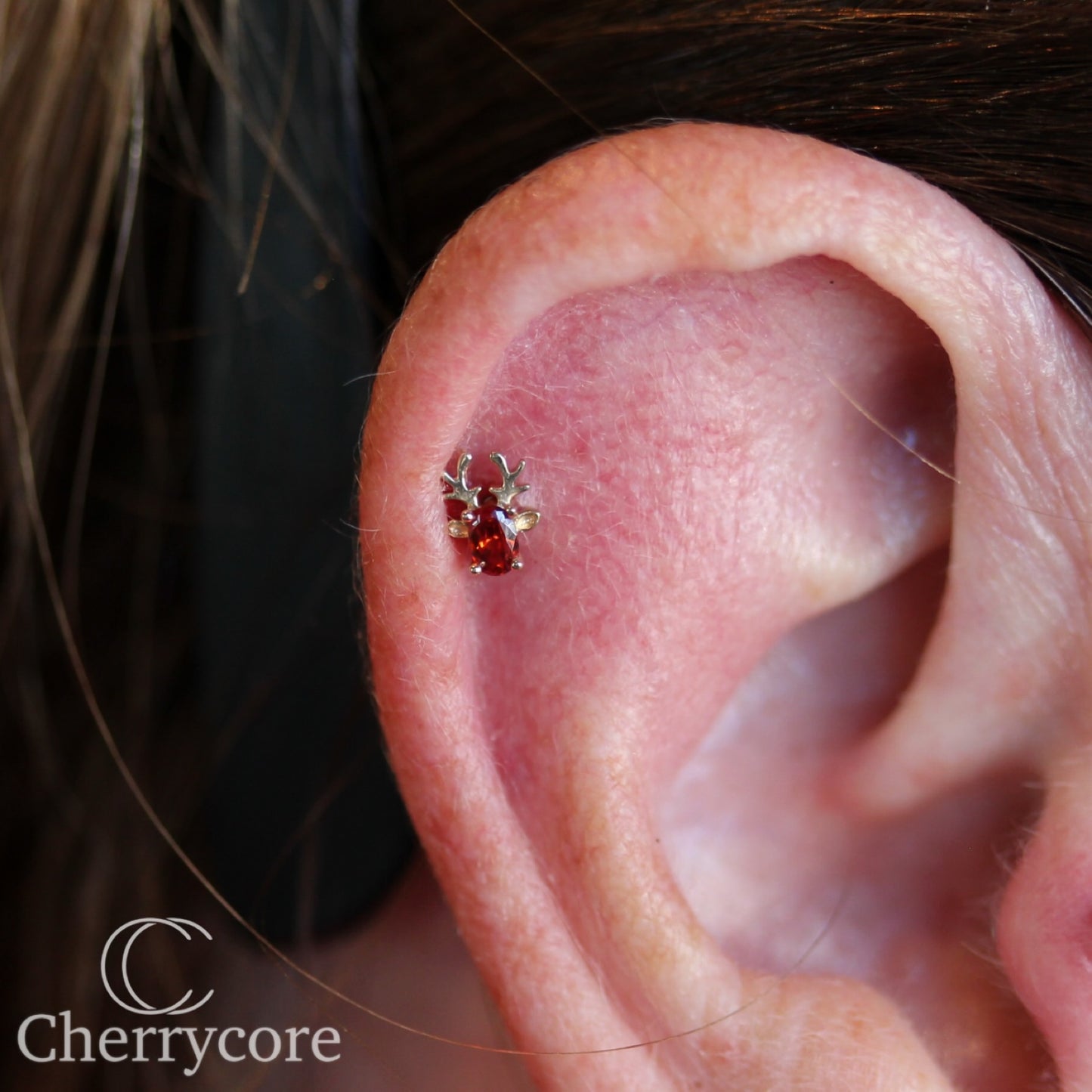 14KT Gold Reindeer with Garnet CZ Threadless attachment