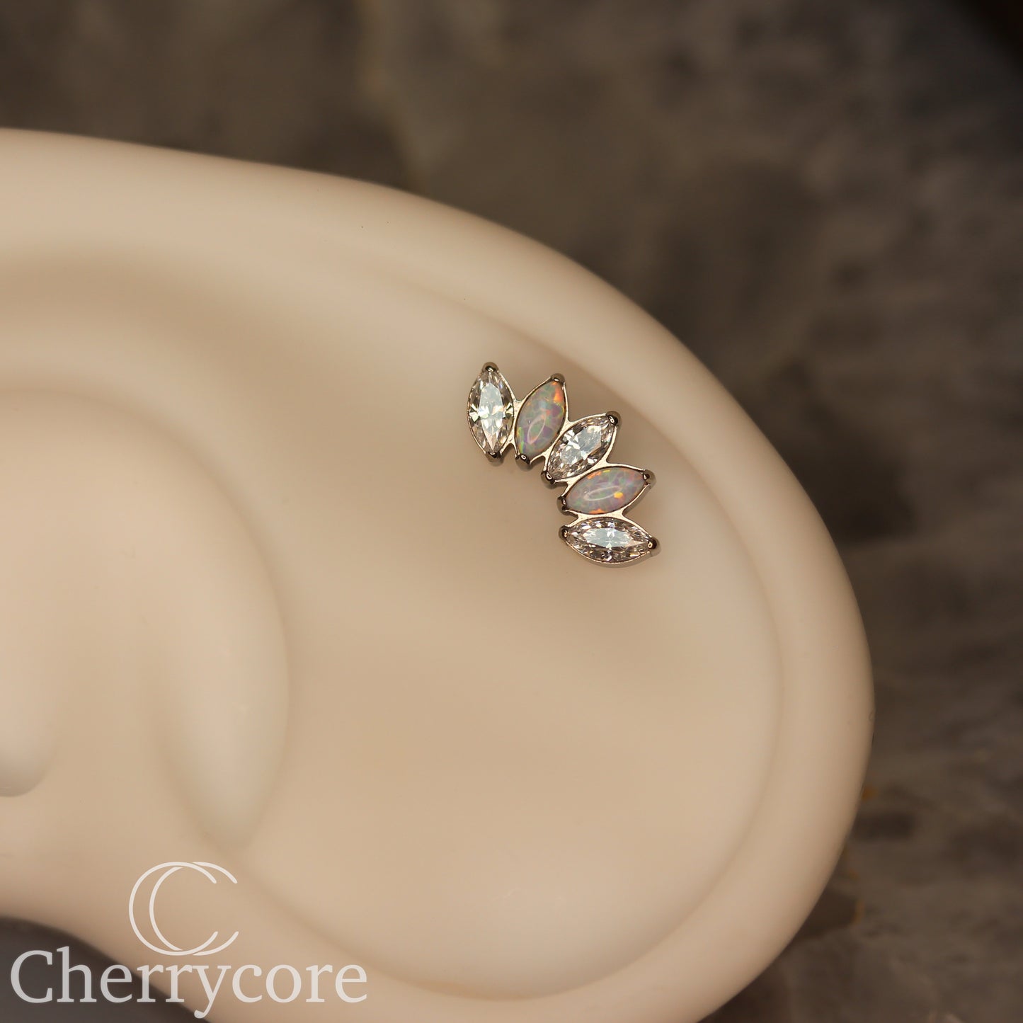 White Opal & CZ 5 Gem Marquise Fan- Titanium Threaded attachment