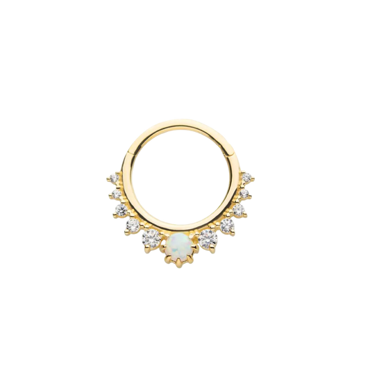 Deity - 14k Yellow Gold Hinge Ring -  White opal & CZ