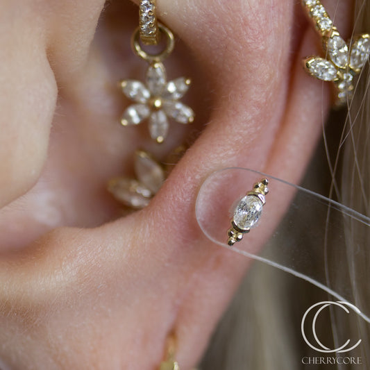 14k Yellow gold- Partial Bezel Set Oval CZ with Tribead accents- Threadless attachment