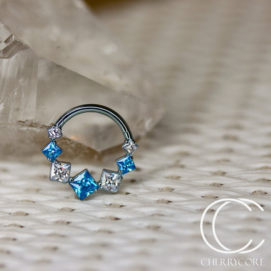 Titanium Aqua & Cz Princess Cut Gem Hinge Ring