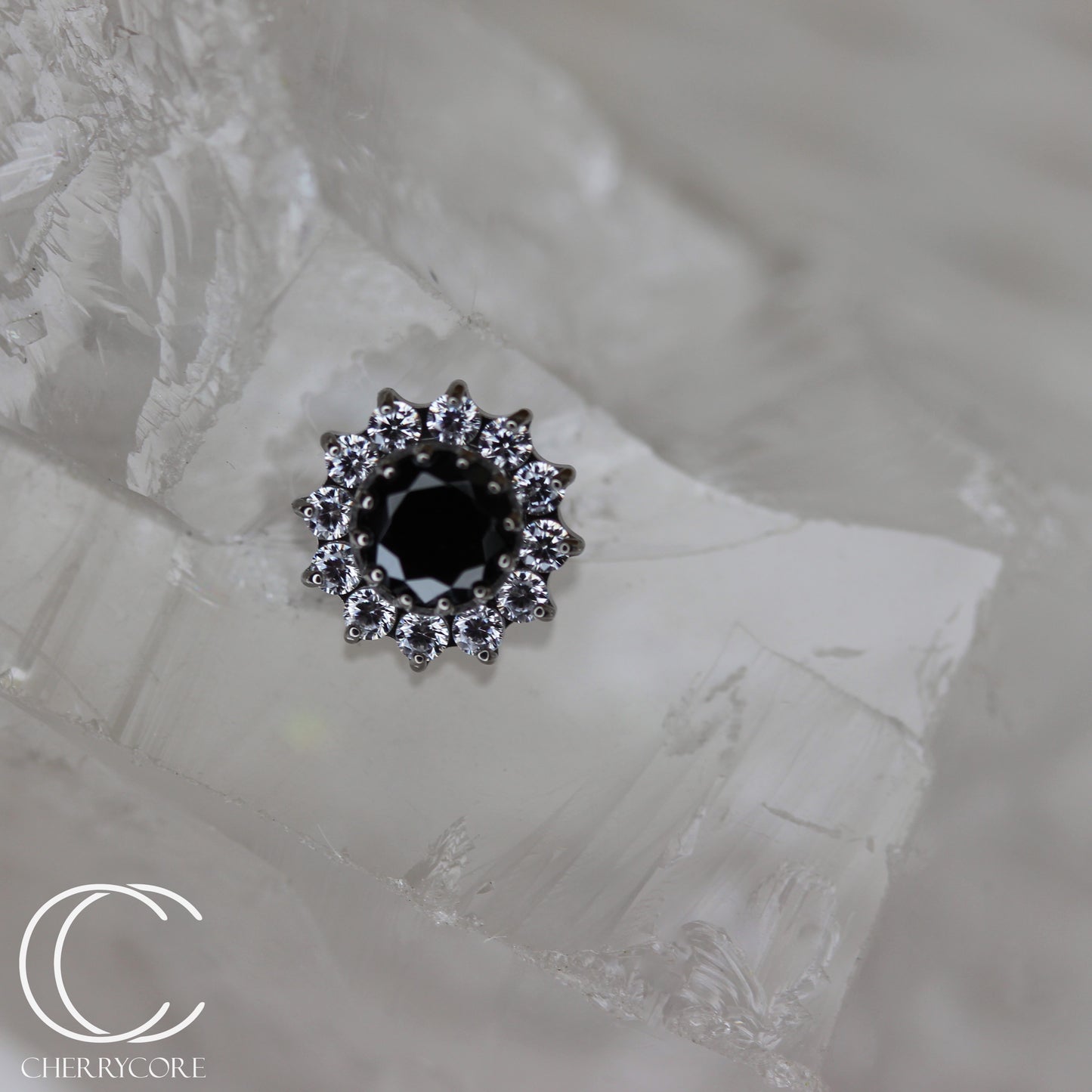 Large CZ Flower -Black & White CZ- Titanium Threaded attachment