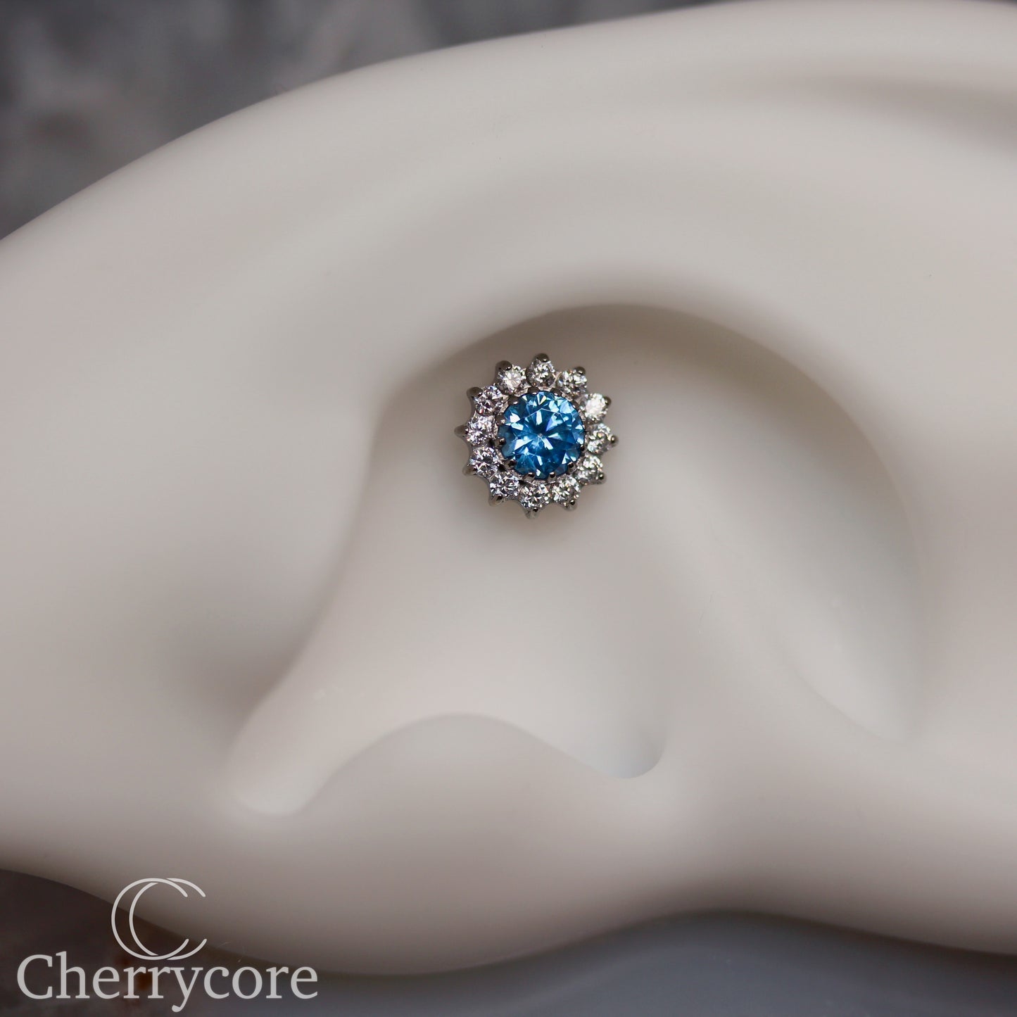 Large Aqua CZ & CZ Flower - Titanium Threaded attachment
