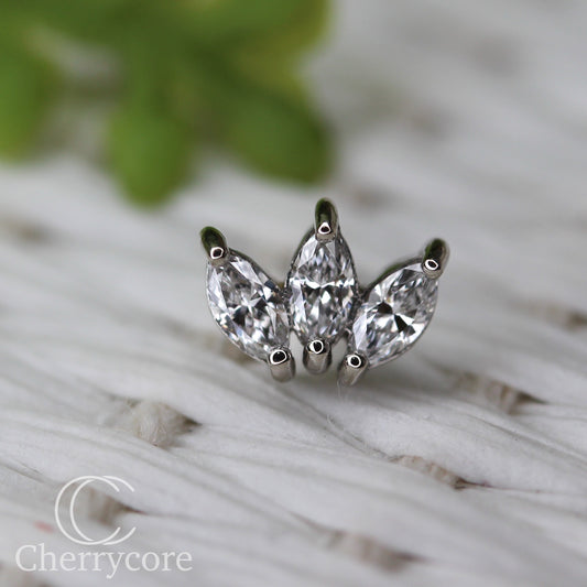 3 Gem Marquise Fan- Genuine Lab Diamond- White Gold- Threadless Attachment