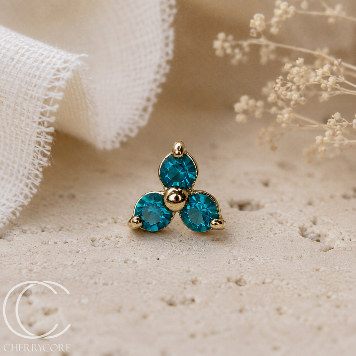 14k Gold- Prong Set Trinity- Aqua CZ Threadless Attachment