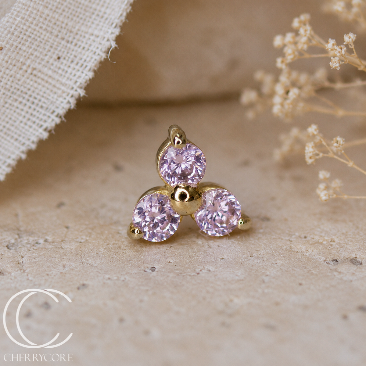 14k Gold- Prong Set Trinity- Pink CZ- Threadless Attachment