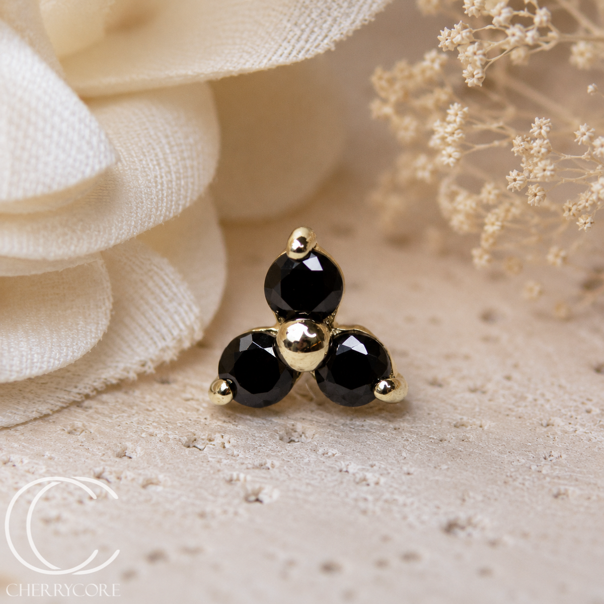 14k Gold- Prong Set Trinity- Black CZ -Threadless Attachment