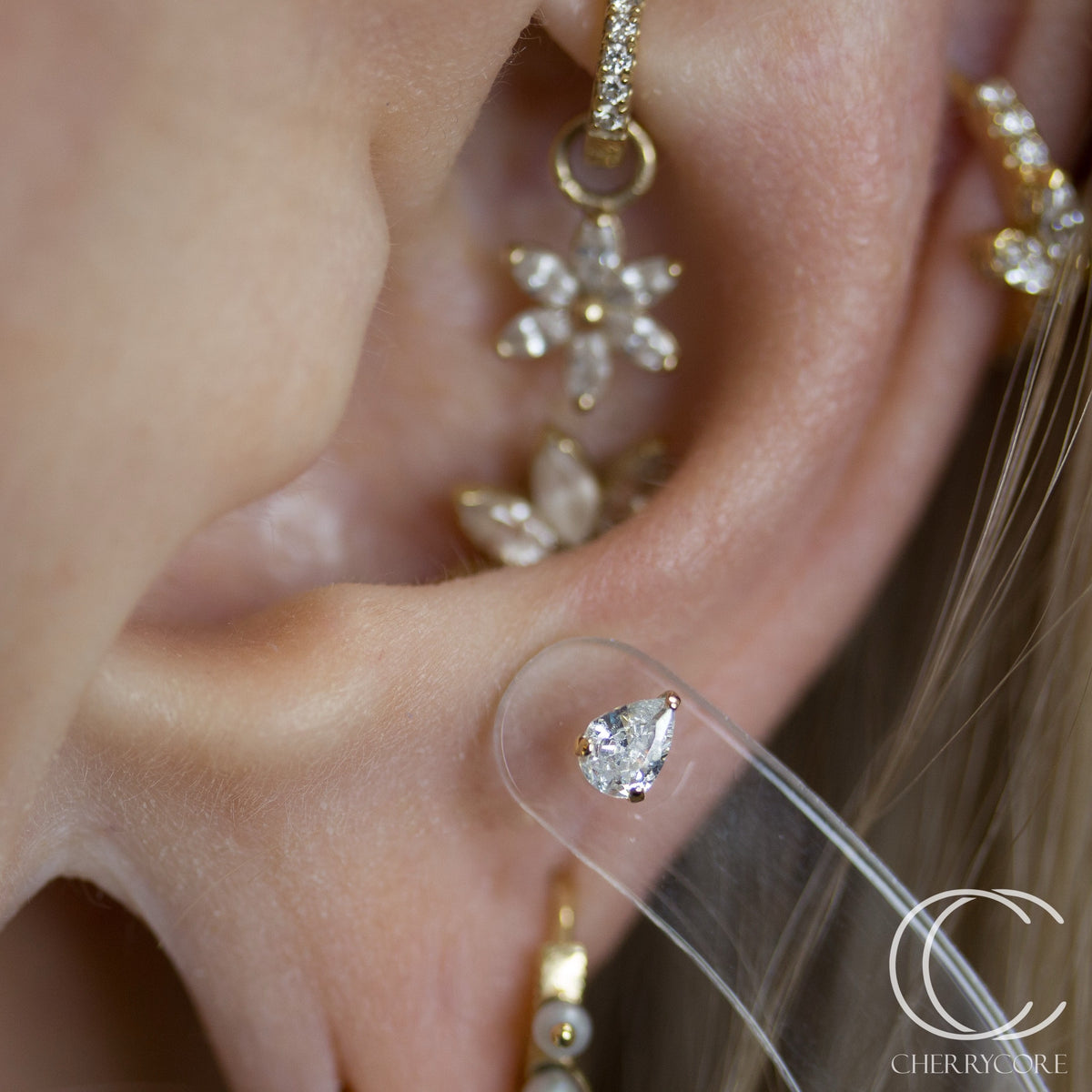 14k Gold- Prong Set Pear CZ- Threadless Attachment