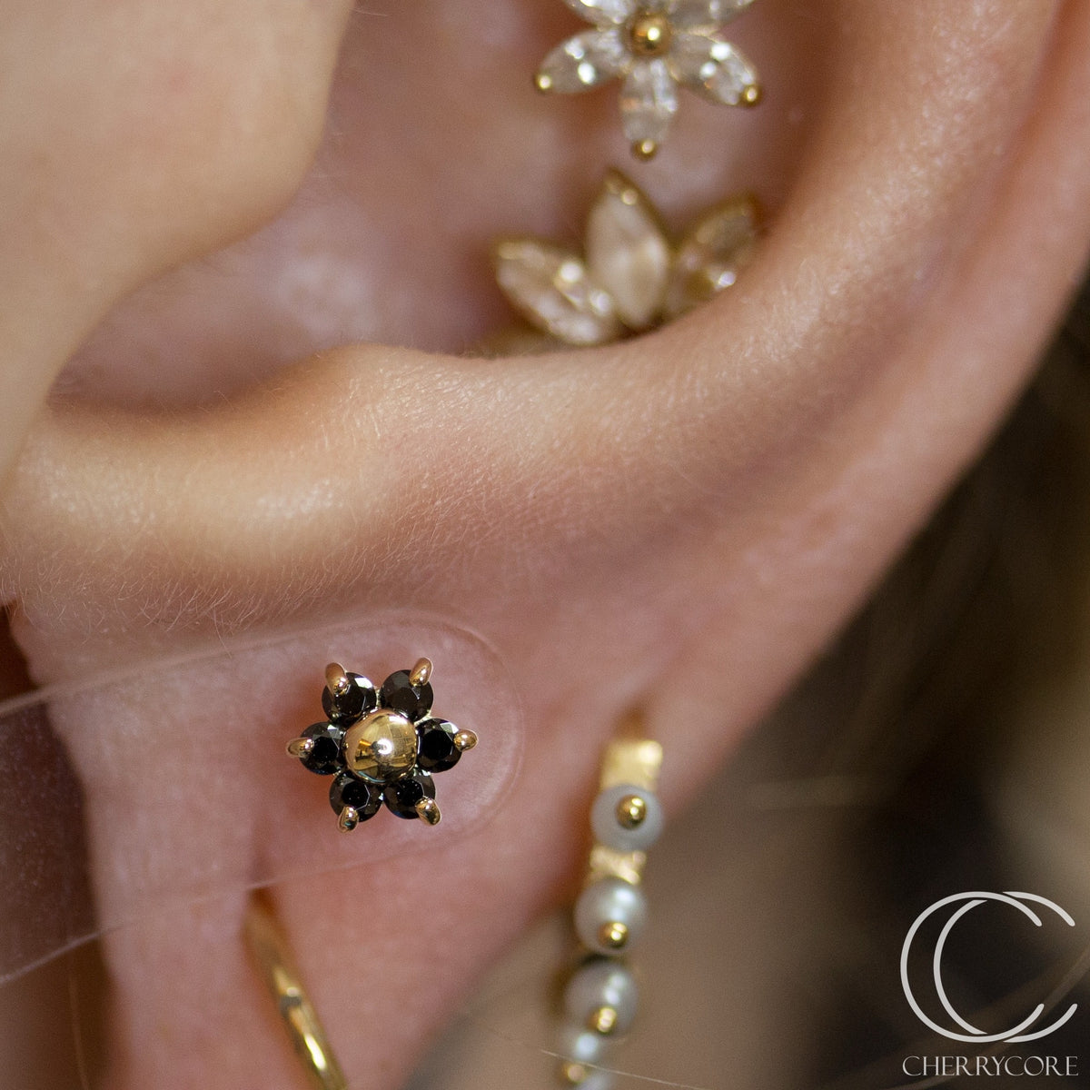 14k Yellow Gold Flower- Black CZ -Threadless Attachment