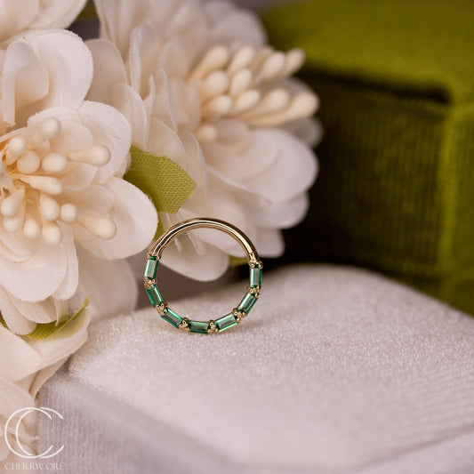 Bamboo- 14k Yellow Gold Hinge Ring - Emerald CZ