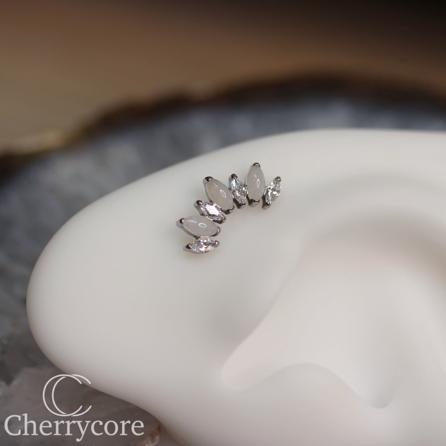 Natural White Jade & CZ Marquise Arc- Threaded attachment