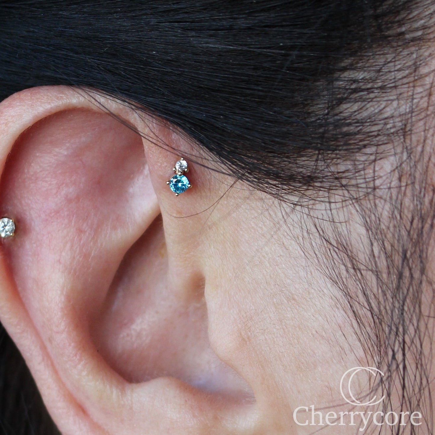 14k- Prong Set Duo - Aqua CZ -Threadless attachment