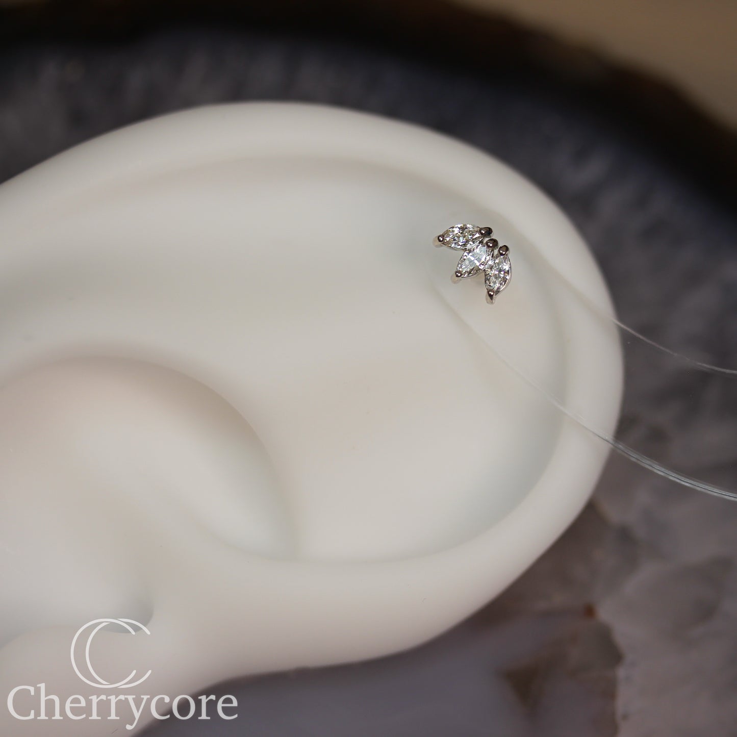 3 Gem Marquise Fan- Genuine Lab Diamond- White Gold- Threadless Attachment