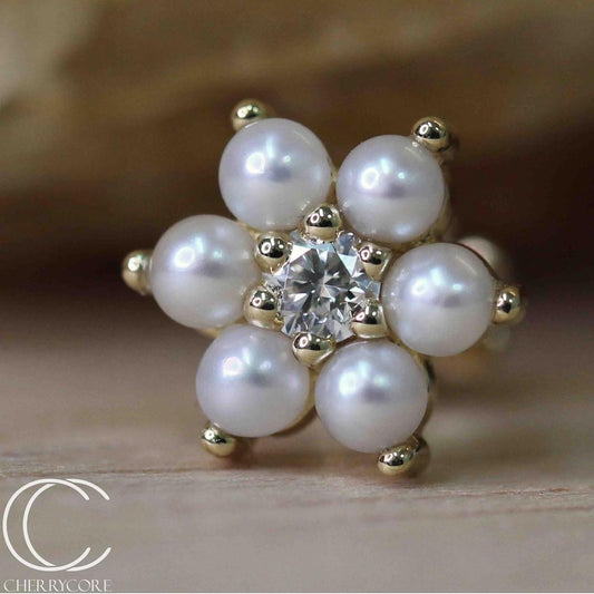 Pearl Flower with Diamond Centre Threaded Stud