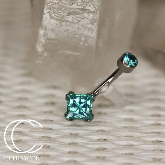 Titanium Princess Cut Navel Curve- Mint Green CZ