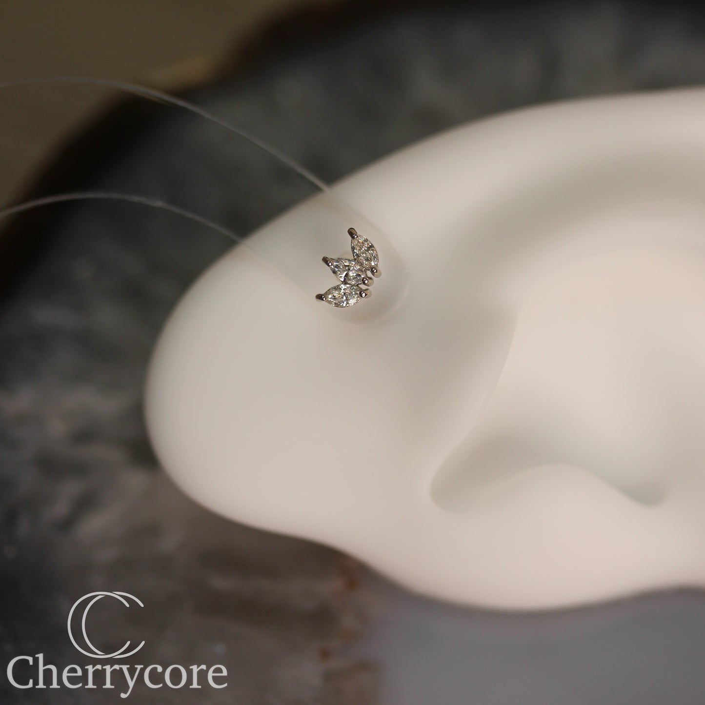 3 Gem Marquise Fan- Genuine Lab Diamond- White Gold- Threadless Attachment