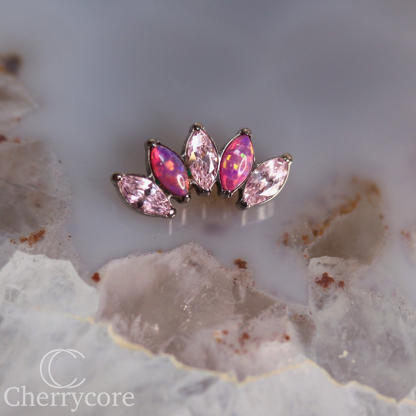 Bubblegum Opal & Pink CZ 5 Gem Marquise Fan- Titanium Threaded attachment