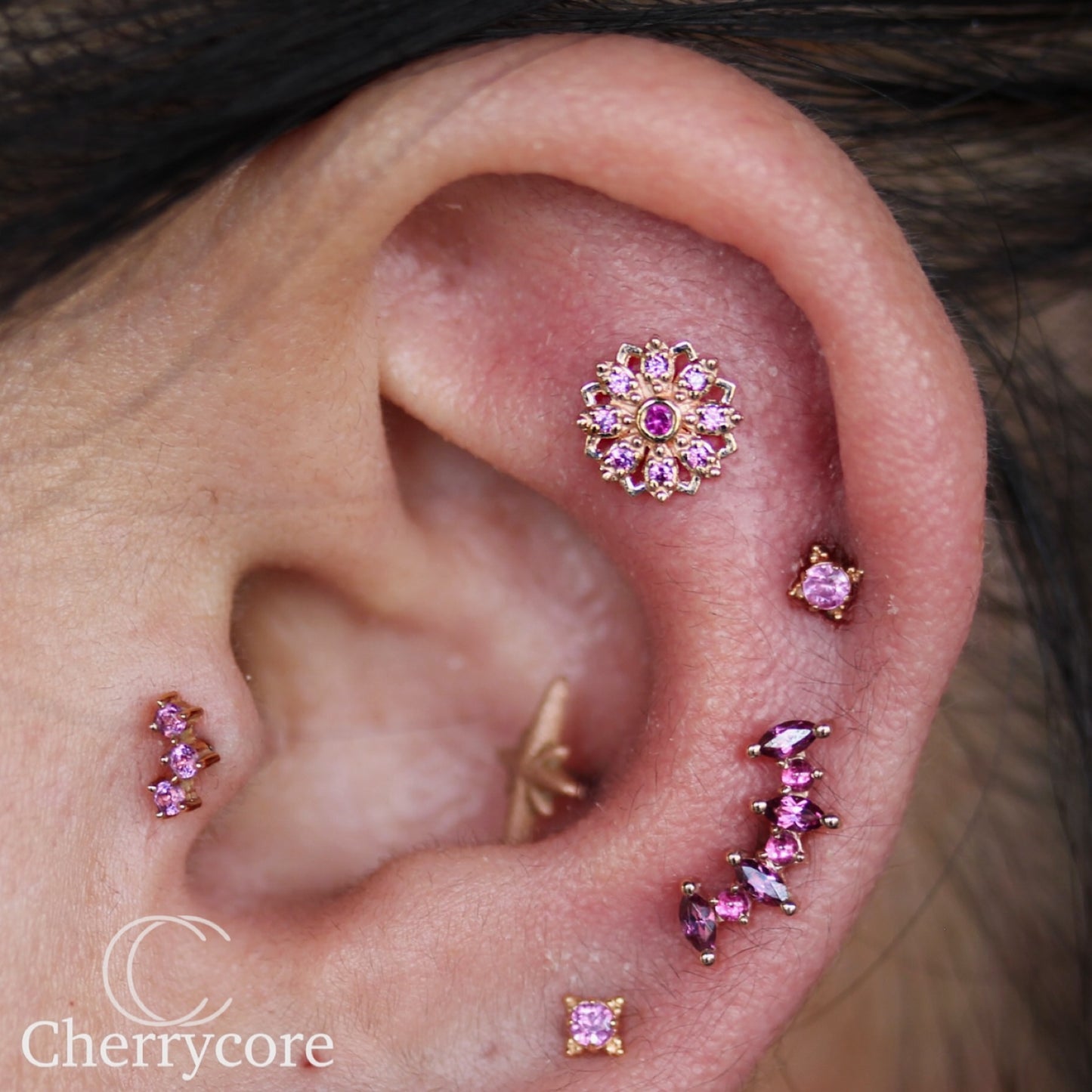 Rosette- 14k Gold- Genuine Hot Pink Sapphire and  Rhodolite- Threaded Attachment