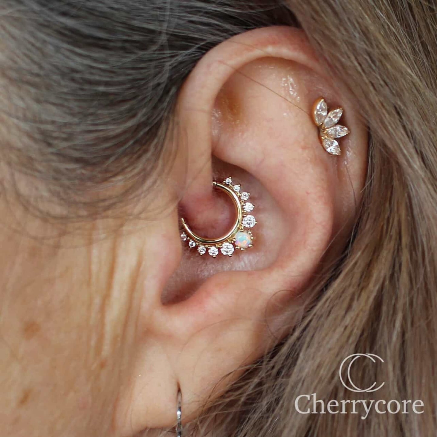 Deity - 14k Yellow Gold Hinge Ring -  White opal & CZ