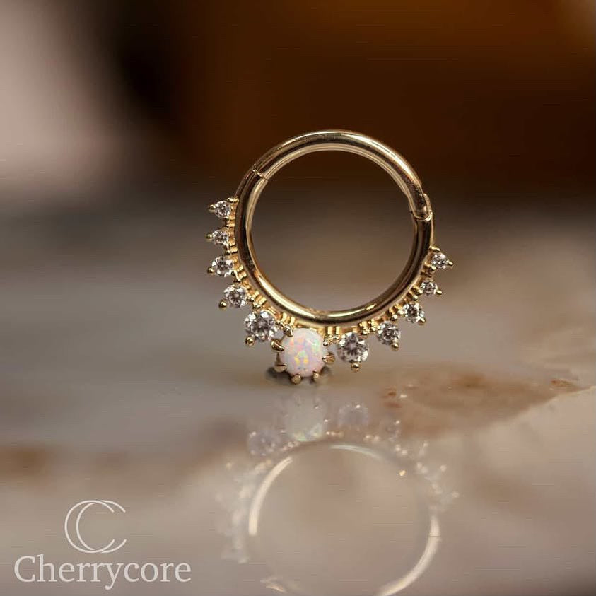 Deity - 14k Yellow Gold Hinge Ring -  White opal & CZ