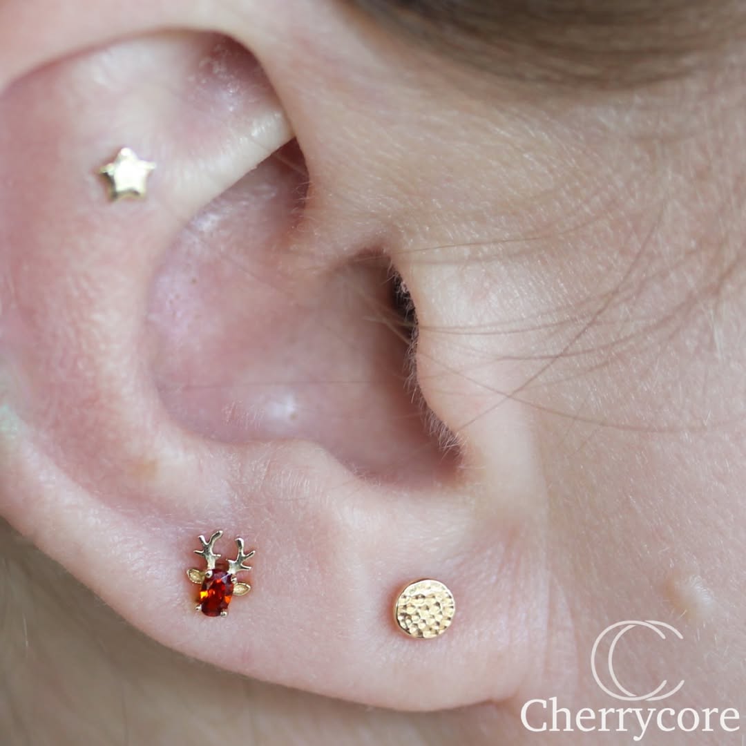 14KT Gold  Reindeer with Garnet CZ Threadless attachment