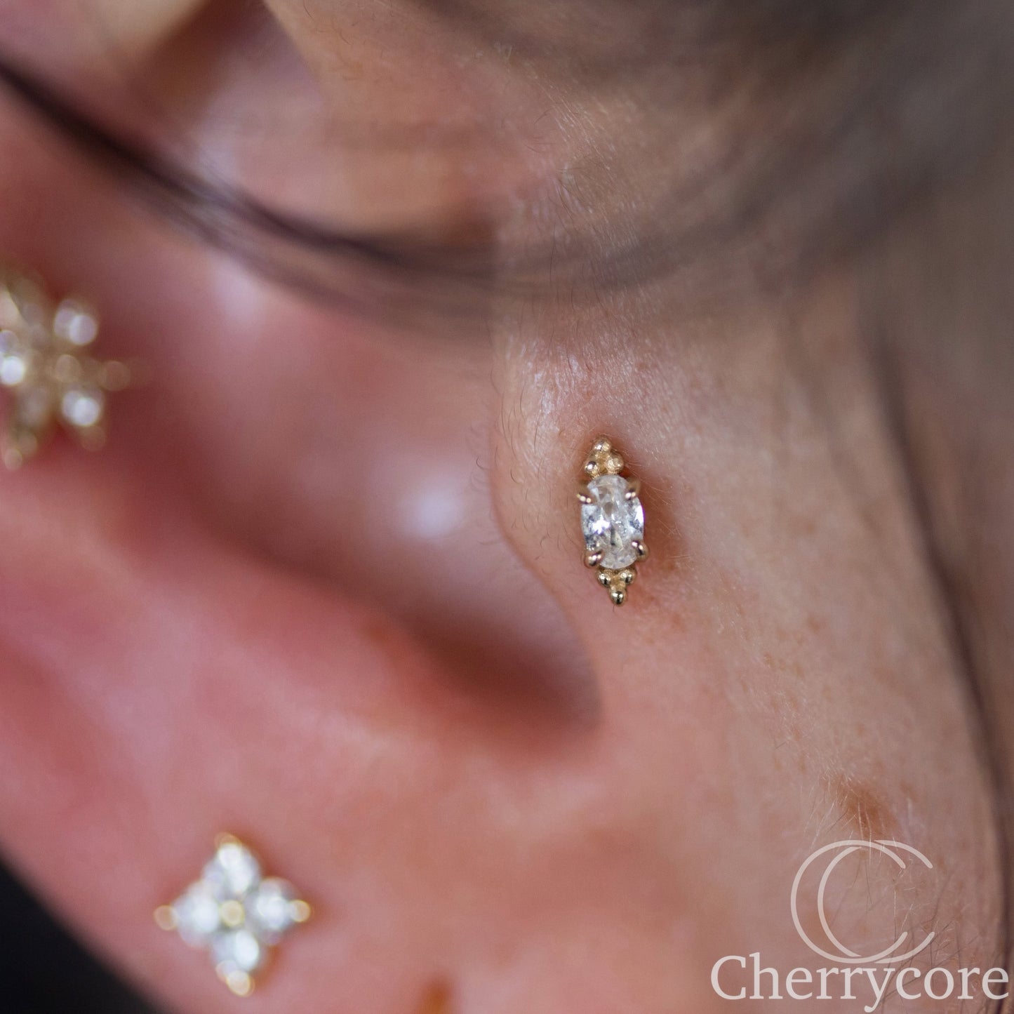 14k- Prong Set Oval CZ with Tribead accents- Threadless attachment