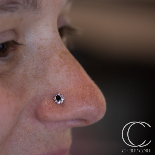 Royal Bloom- Black Cubic Zirconia- 14k Yellow gold - threadless attachment