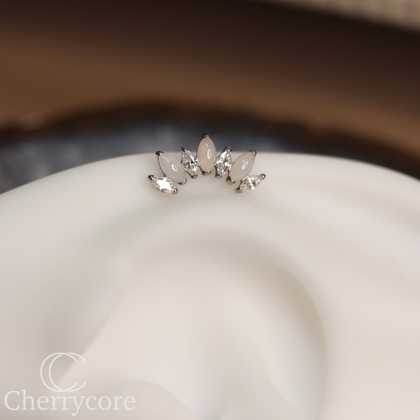 Natural White Jade & CZ Marquise Arc- Threaded attachment