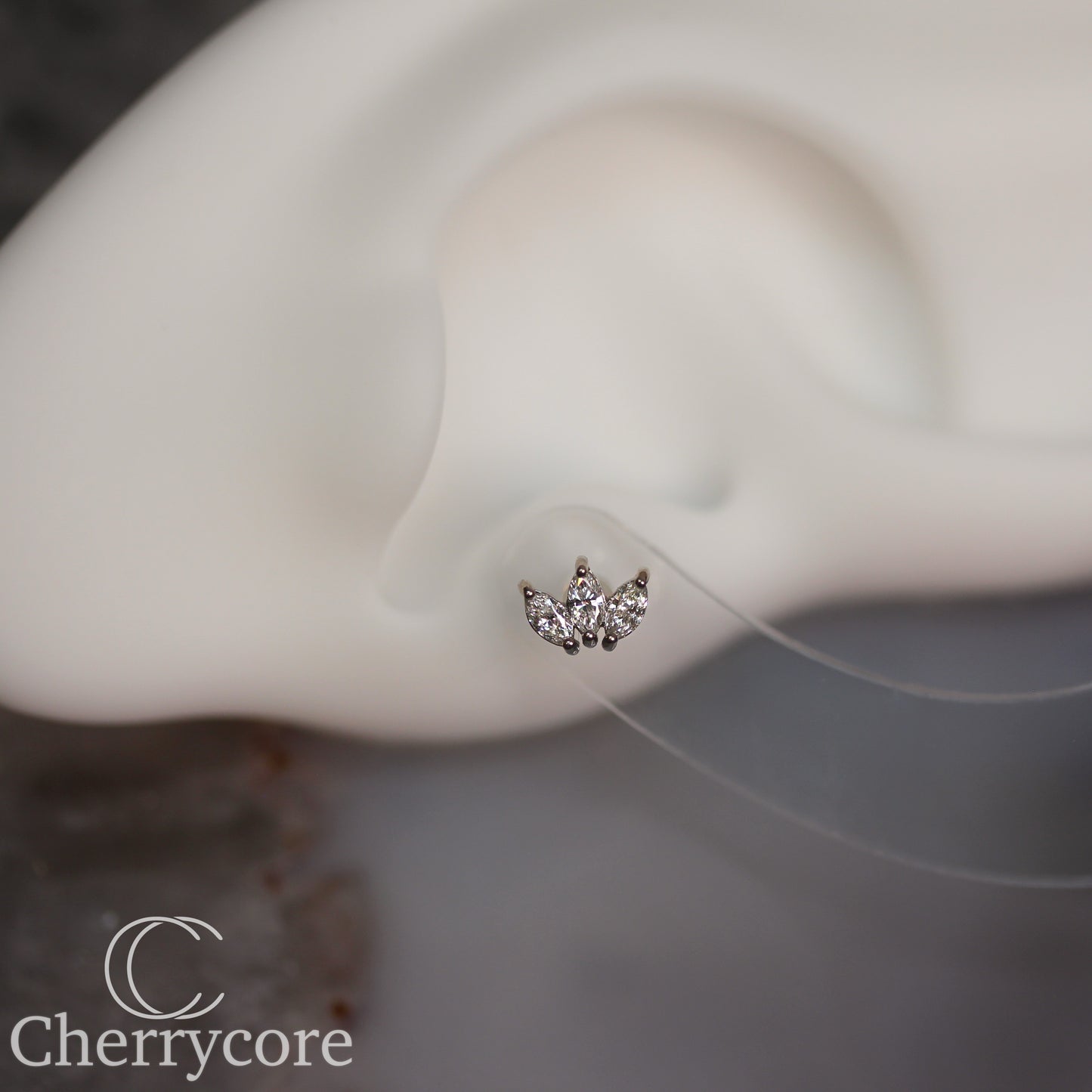 3 Gem Marquise Fan- Genuine Lab Diamond- White Gold- Threadless Attachment