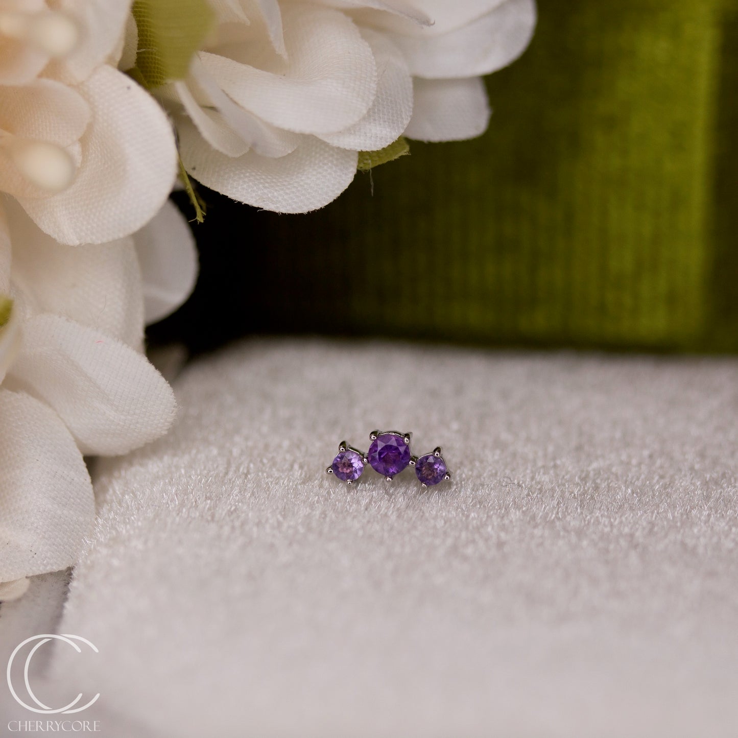 Three Sisters- Genuine Amethyst-14k  White Gold- Threadless Attachment