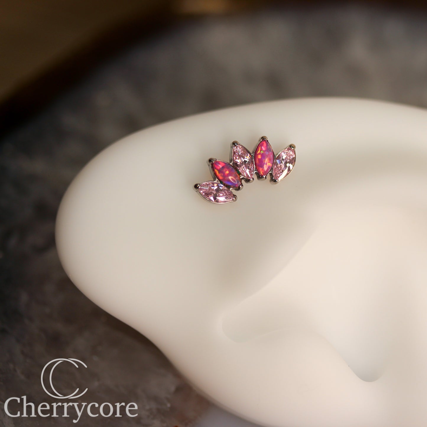 Bubblegum Opal & Pink CZ 5 Gem Marquise Fan- Titanium Threaded attachment