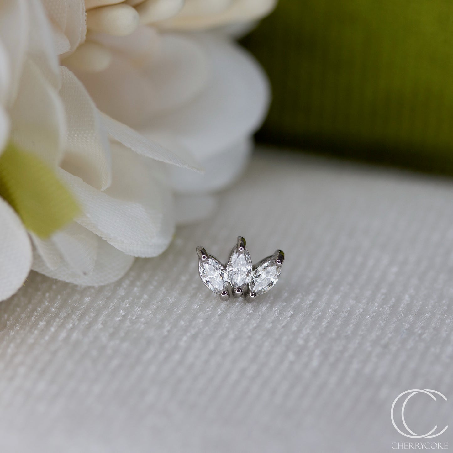 3 Gem Marquise Fan- Genuine Lab Diamond- White Gold- Threadless Attachment
