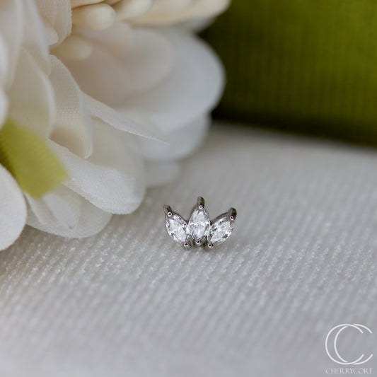 3 Gem Marquise Fan- Genuine Lab Diamond- White Gold- Threadless Attachment
