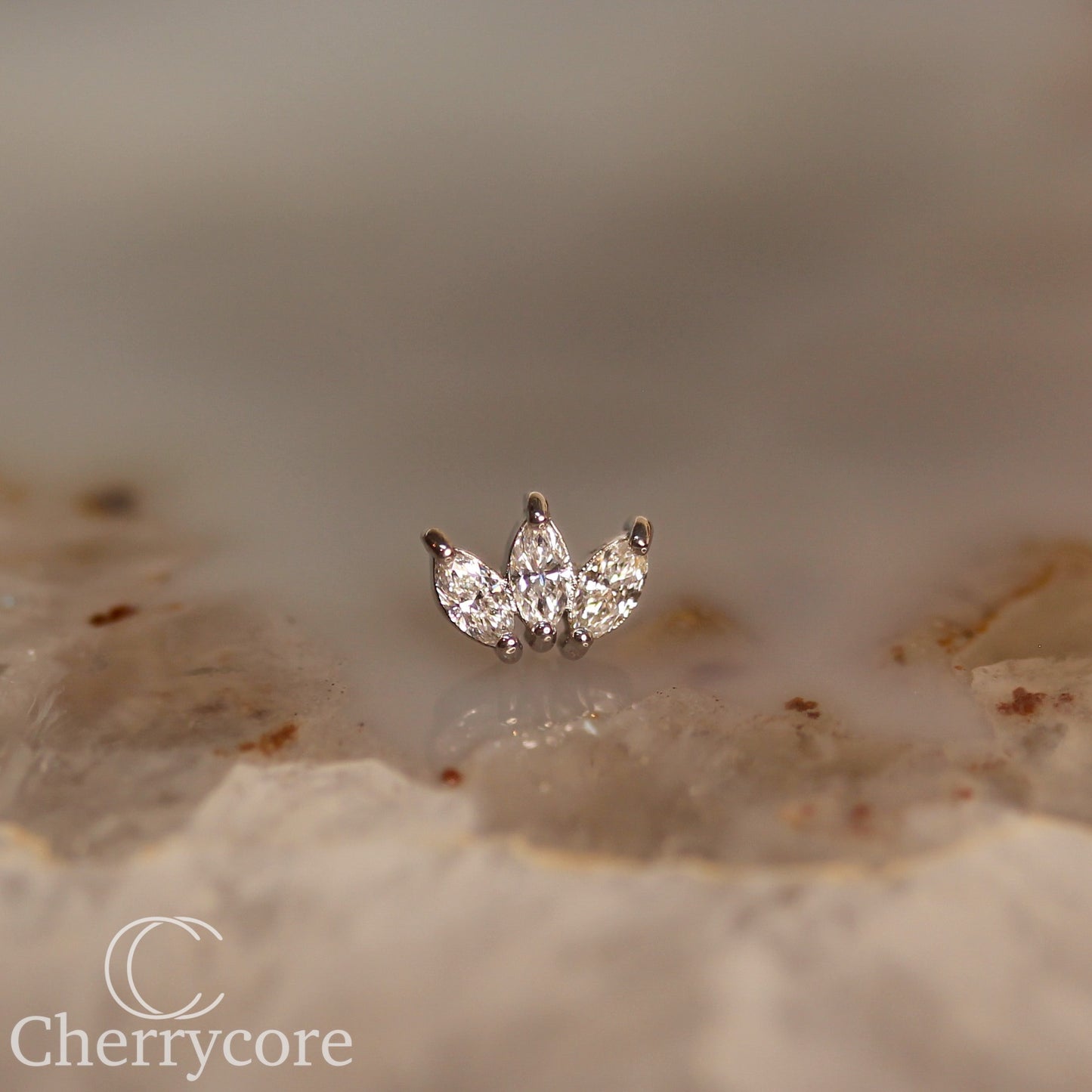 3 Gem Marquise Fan- Genuine Lab Diamond- White Gold- Threadless Attachment