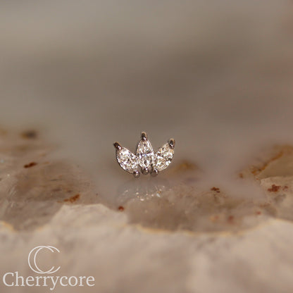 3 Gem Marquise Fan- Genuine Lab Diamond- White Gold- Threadless Attachment