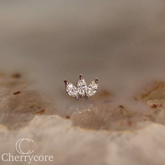 3 Gem Marquise Fan- Genuine Lab Diamond- White Gold- Threadless Attachment