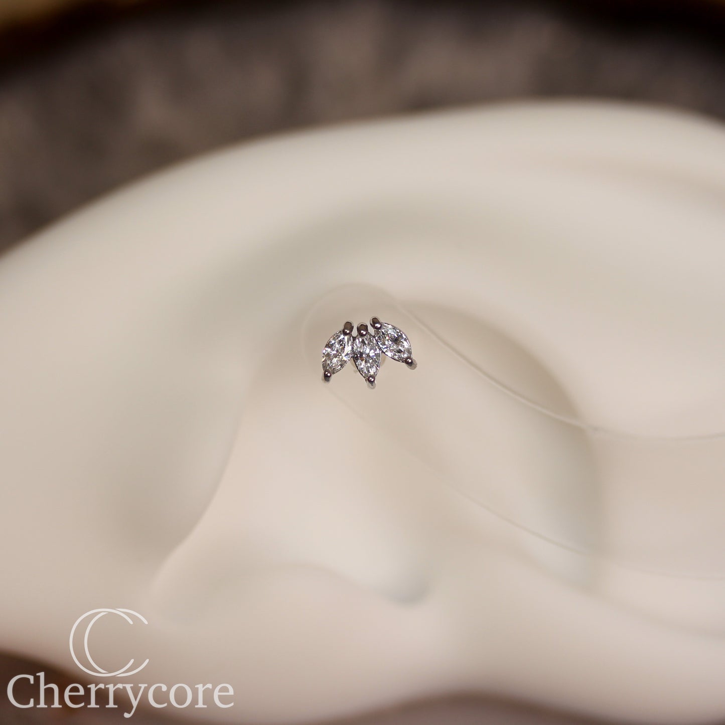 3 Gem Marquise Fan- Genuine Lab Diamond- White Gold- Threadless Attachment