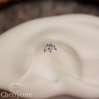 3 Gem Marquise Fan- Genuine Lab Diamond- White Gold- Threadless Attachment