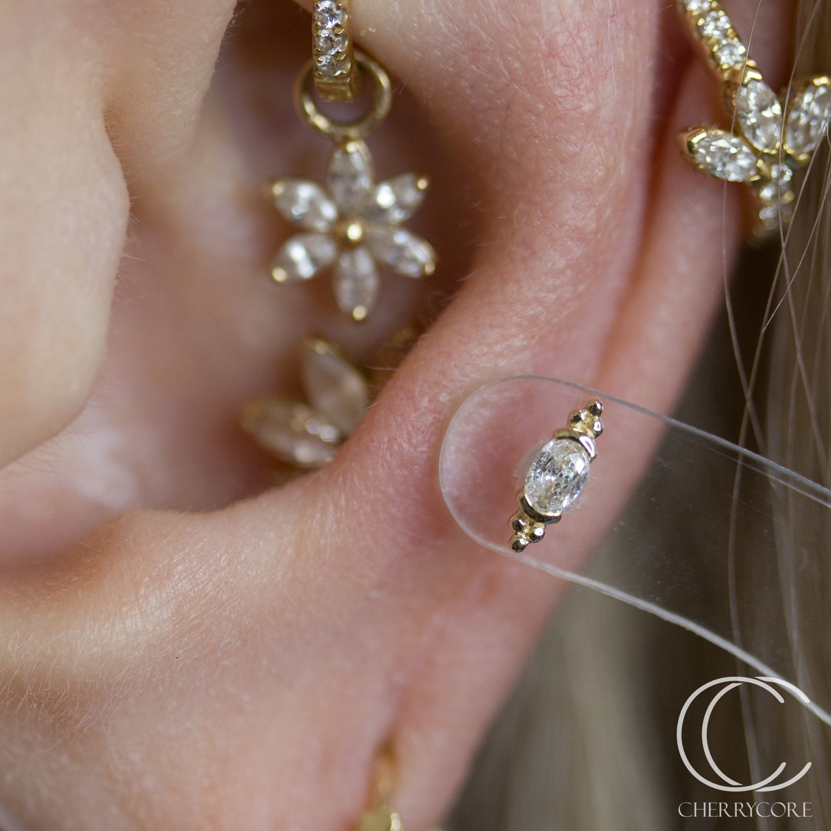 14k Yellow gold- Partial Bezel Set Oval CZ with Tribead accents- Threadless attachment