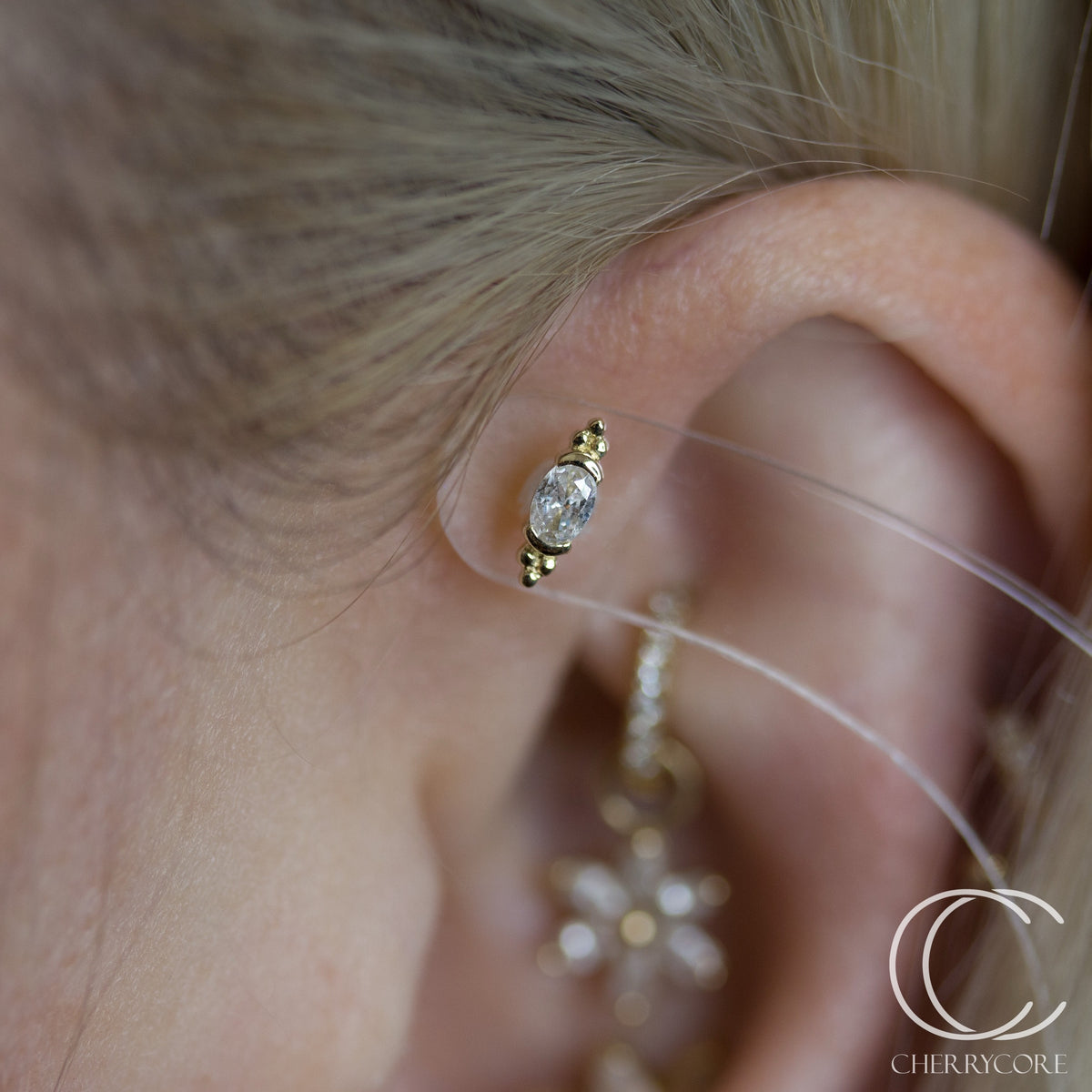 14k Yellow gold- Partial Bezel Set Oval CZ with Tribead accents- Threadless attachment