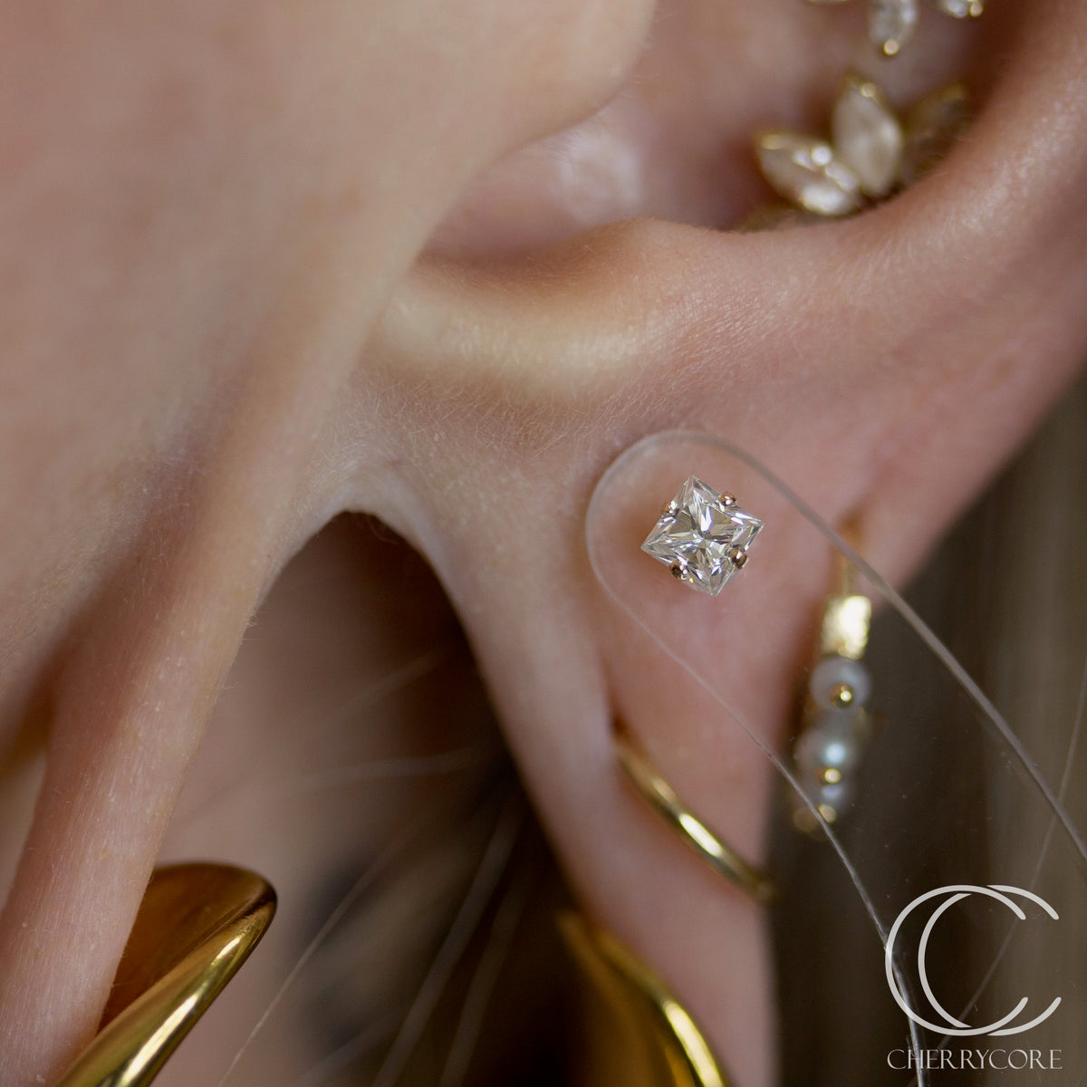 14k Gold- Princess Cut Cubic Zirconia- 3mm -Threadless Attachment
