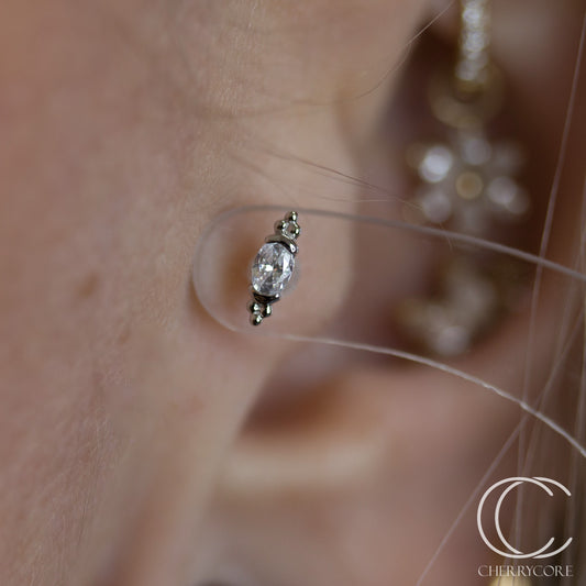 14k White gold- Partial Bezel Set Oval CZ with Tribead accents- Threadless attachment