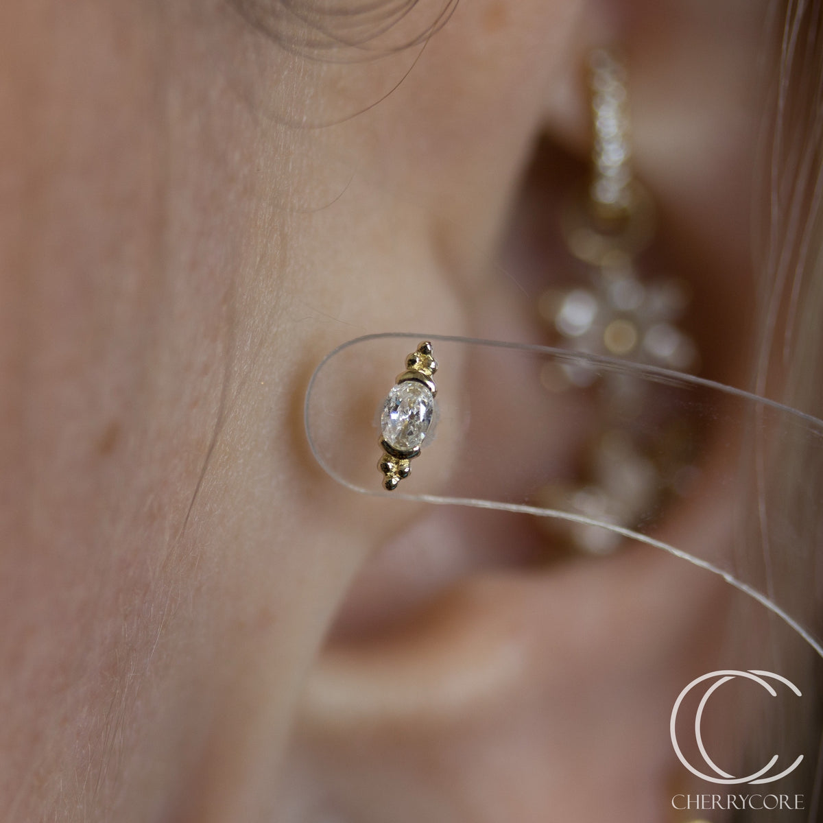 14k Yellow gold- Partial Bezel Set Oval CZ with Tribead accents- Threadless attachment