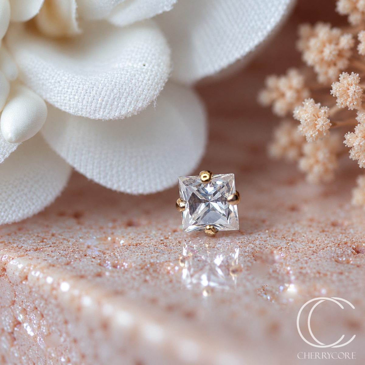 14k Gold- Princess Cut Cubic Zirconia- 3mm -Threadless Attachment
