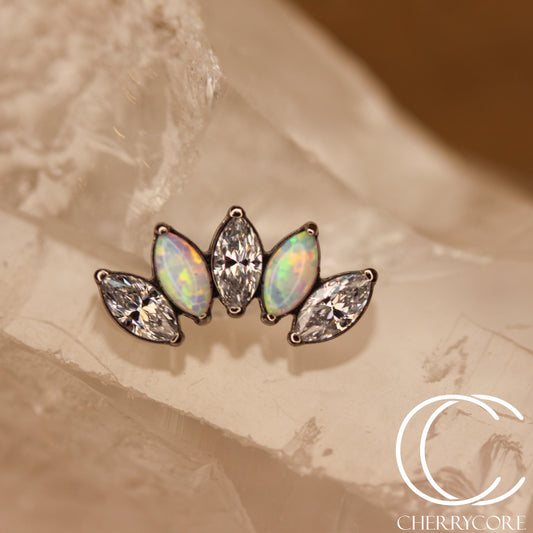 White Opal & CZ 5 Gem Marquise Fan- Titanium Threaded attachment