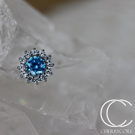 Large Aqua CZ & CZ Flower  - Titanium Threaded attachment