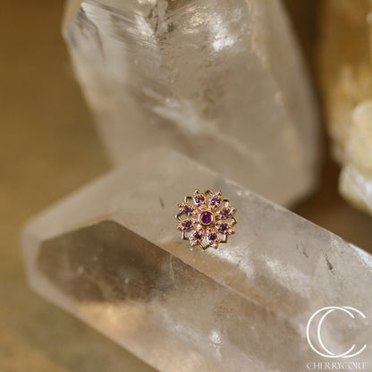 Rosette- 14k Gold- Genuine Hot Pink Sapphire and  Rhodolite- Threaded Attachment