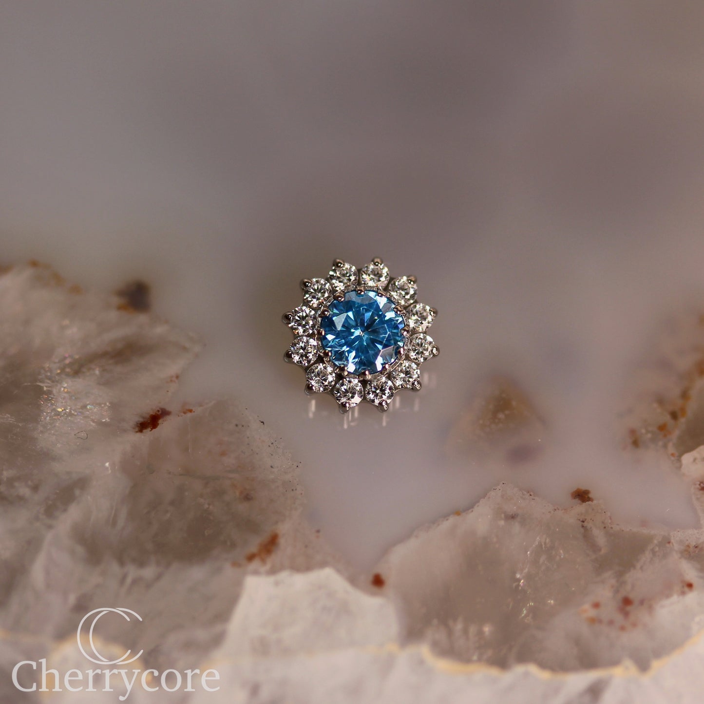 Large Aqua CZ & CZ Flower  - Titanium Threaded attachment