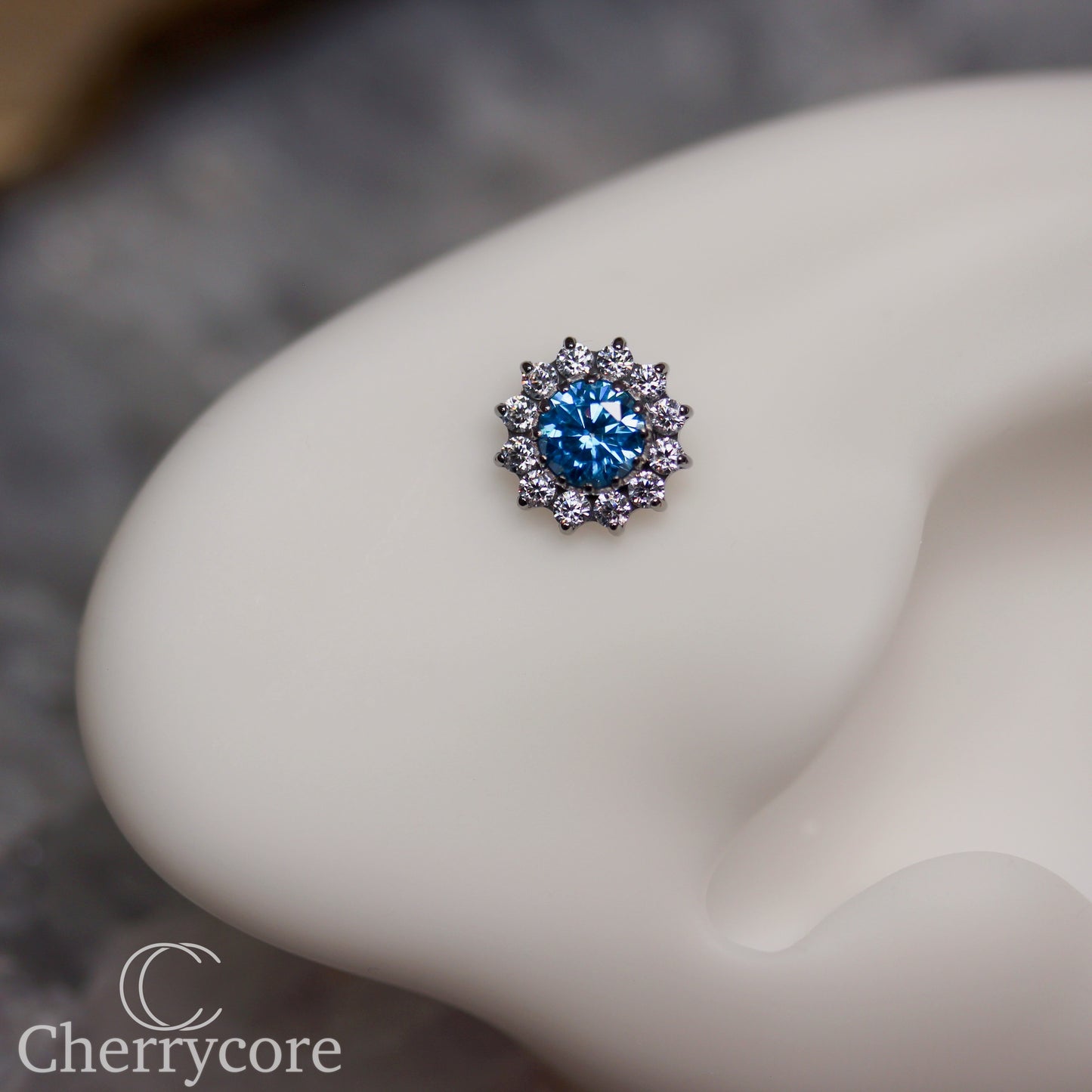 Large Aqua CZ & CZ Flower  - Titanium Threaded attachment